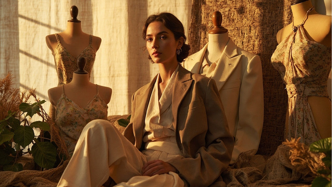 warm studio with crafted clothing, woven fabrics, and soft golden natural light