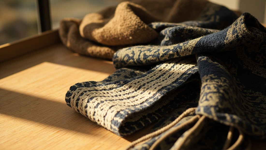 close-up of woven textile and timeless garment in warm natural light