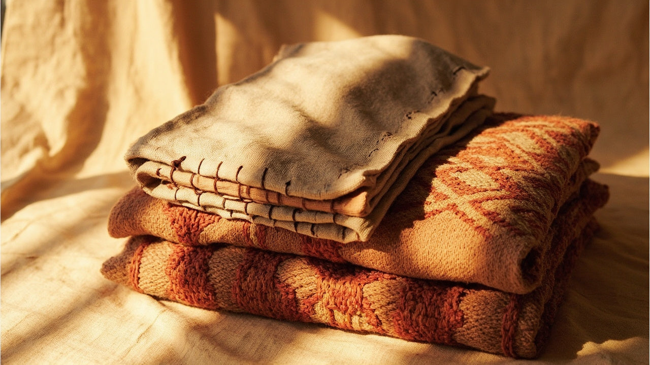 folded culturally inspired garments with artisan stitching in warm natural window light