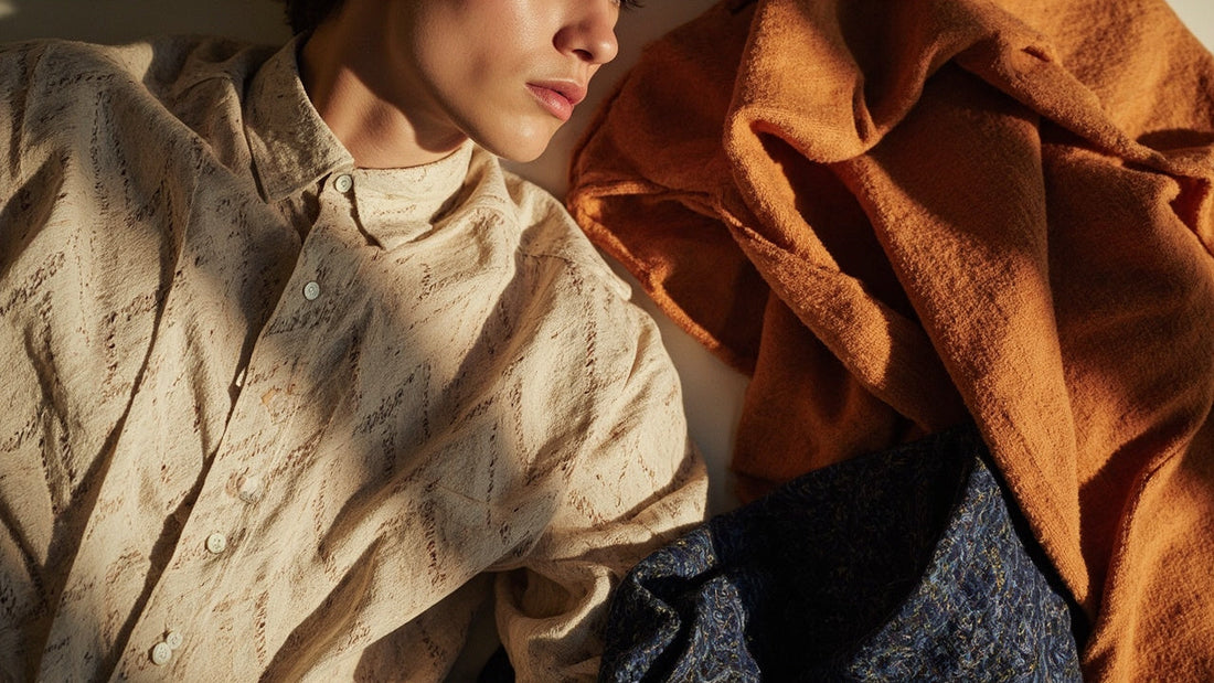 flatlay of timeless shirt and dress with woven textures in warm light