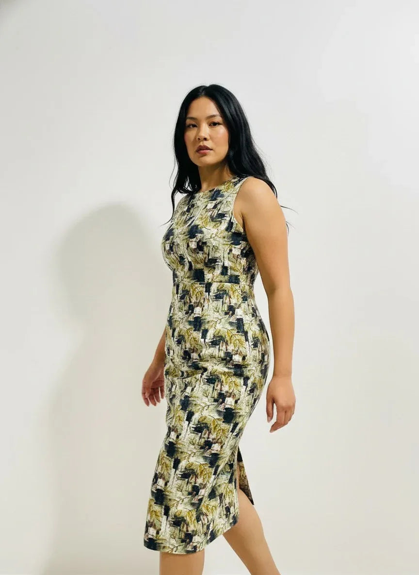 Woman modeling sleeveless abstract print midi dress, ArokaLife New Zealand fashion