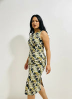 Woman modeling sleeveless abstract print midi dress, ArokaLife New Zealand fashion
