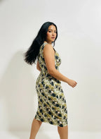 Woman modeling a sleeveless printed midi dress in studio, ArokaLife New Zealand fashion