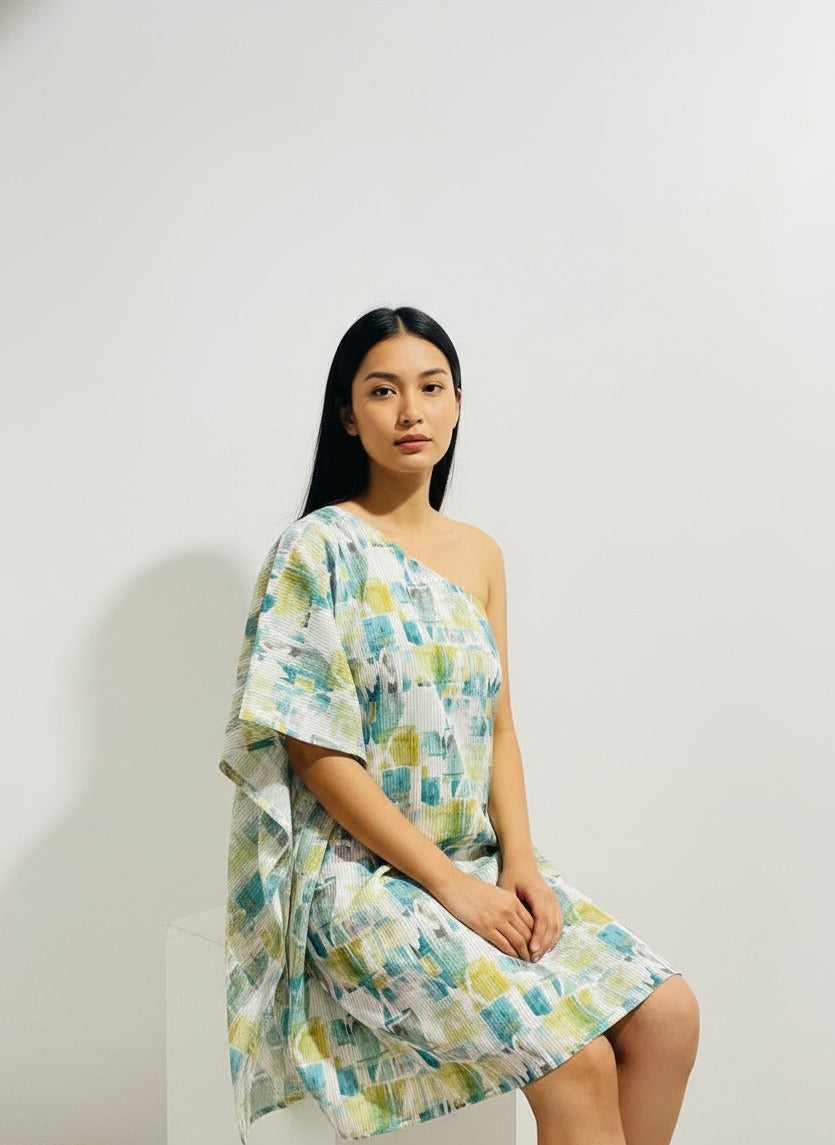 The Abstract Azure One-Shoulder Dress