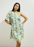 Woman modeling ArokaLife one-shoulder printed dress, modern New Zealand fashion style