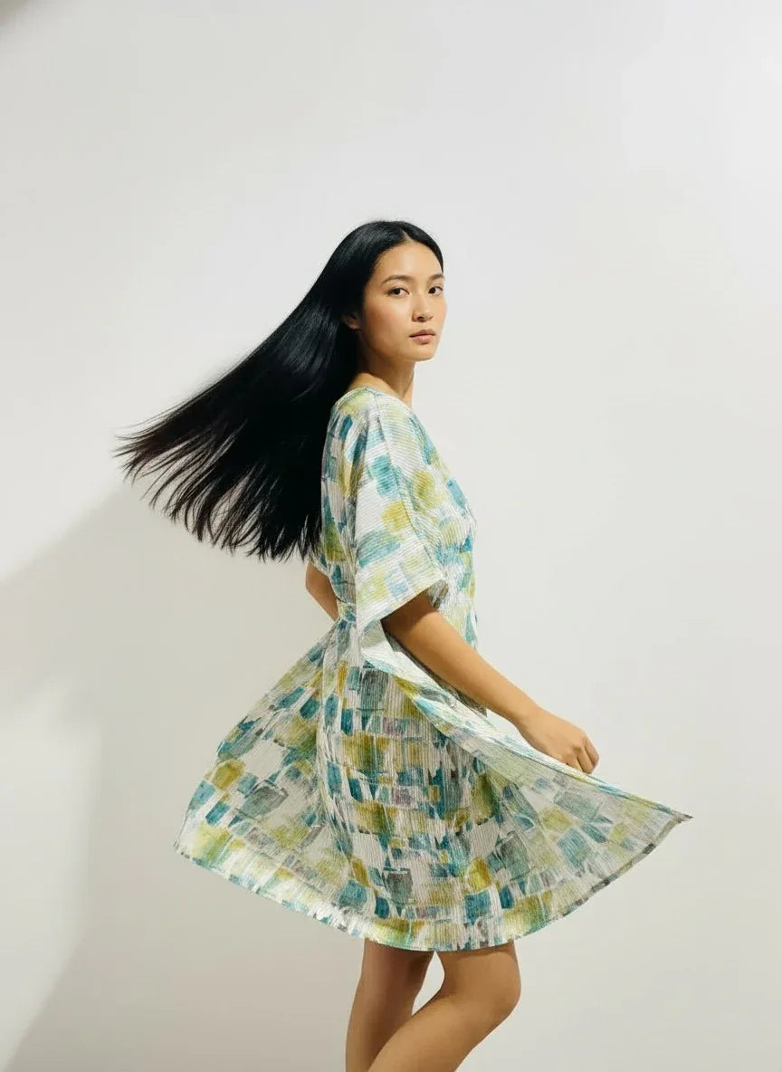 Woman modeling modern printed dress with flowing hair, ArokaLife New Zealand fashion