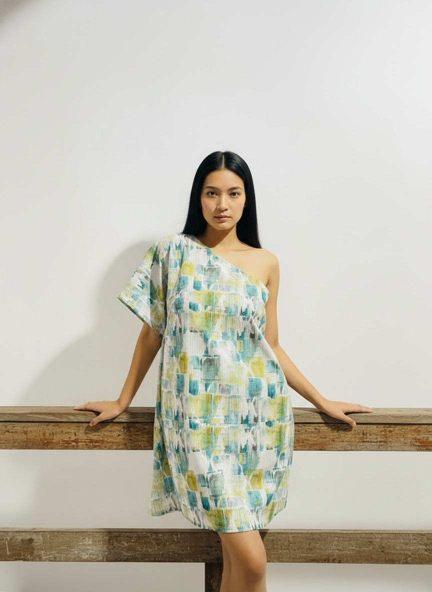The Abstract Azure One-Shoulder Dress